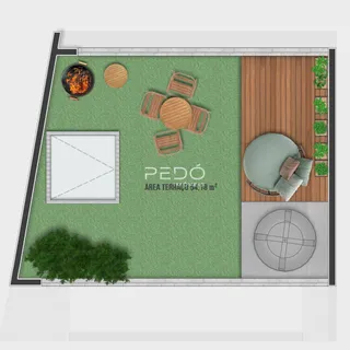 Planta baixa de um espaço externo com área de lazer e jardim.
