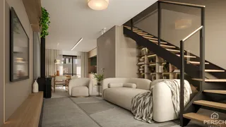 Foto de uma sala de estar moderna com sofá e escadaria em um imóvel.
