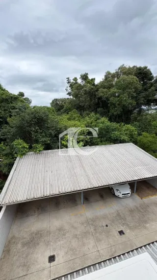 Vista de um terraço com telhado metálico cercado por vegetação densa.