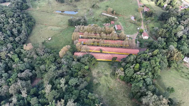 Vista aérea de uma área rural com vegetação densa e campos verdes.