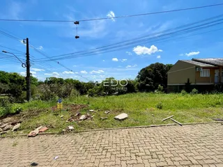 Vista externa de uma propriedade com terreno gramado e casa ao fundo.
