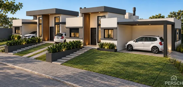 Fachada moderna de uma residência em Lajeado, Brasil, com jardim e garagem.