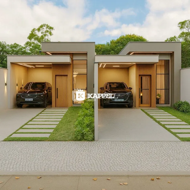 Fachada moderna de uma residência com revestimento de madeira e paisagismo.