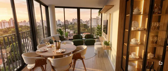 Sala de jantar com vista panorâmica da cidade.