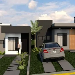 Fachada moderna de uma residência em Lajeado, Brasil com paisagismo frontal.