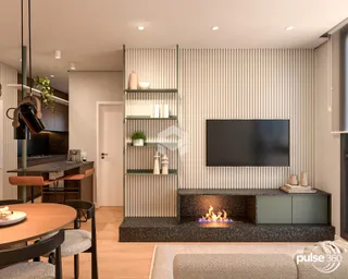 Sala de estar moderna com lareira e painel de TV em um apartamento.