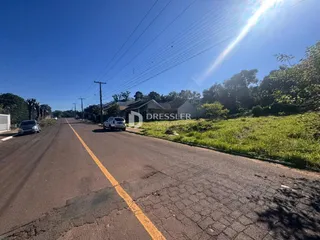 Vista da rua em Lajeado, Brasil, mostrando casas e vegetação ao longo da estrada.