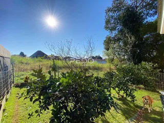 Vista externa do quintal com gramado e vegetação em Lajeado, Brasil.