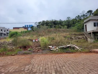 Vista externa de um terreno com vegetação seca e uma estrutura de construção ao fundo.