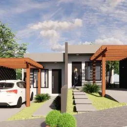 Fachada de uma residência com estrutura de madeira e área externa em Lajeado, Brasil.