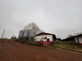 Vista externa de um terreno com silos metálicos e uma edificação simples.