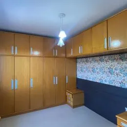 Armários de madeira com portas em um ambiente interno.