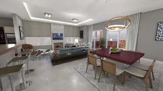 Sala de estar e jantar moderna com grandes janelas e mesa de jantar de madeira.