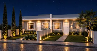 Fachada de uma casa moderna iluminada à noite em Lajeado.