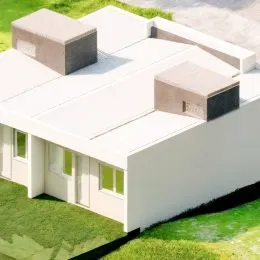 Fachada externa de uma residência moderna com telhado plano em Lajeado, Brasil.