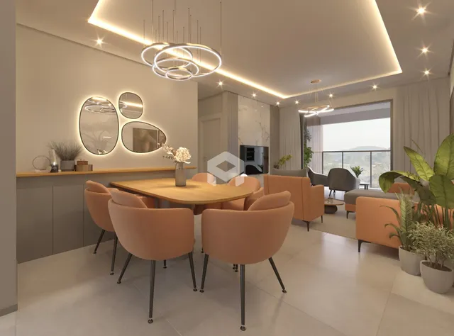 Ambiente de jantar moderno com mesa de madeira e decoração em um imóvel.