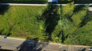 Vista aérea de uma encosta verde com vegetação ao lado de uma estrada.
