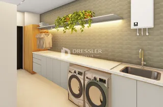 Vista de um ambiente interno com armários e máquinas de lavar roupa.