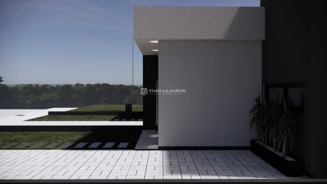 Fachada moderna de uma residência com revestimento branco e piso de ladrilhos em Lajeado.