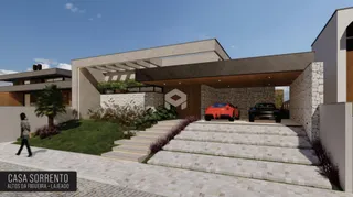 Fachada de uma casa moderna em Lajeado, Brasil, com jardim e entrada.