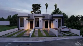 Fachada de uma residência moderna com jardim em Lajeado, Brasil.
