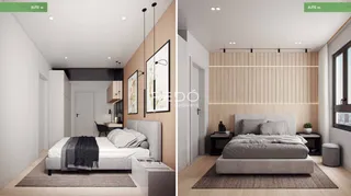 Quarto moderno com cama e armário em um apartamento.