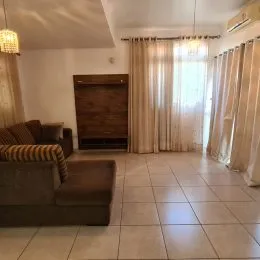 Foto de uma sala de estar com sofá e painel de madeira.