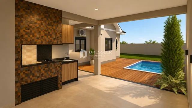 Vista de uma sala de estar com cozinha integrada e área externa com piscina e deck de madeira.