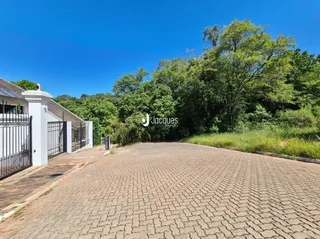 Vista externa de uma área pavimentada com árvores ao fundo.