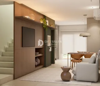 Sala de estar com painéis de madeira e escada.