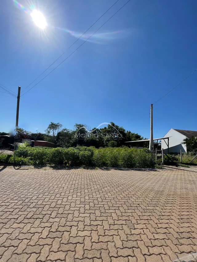 Vista externa da propriedade mostrando um pátio pavimentado com vegetação e árvores.