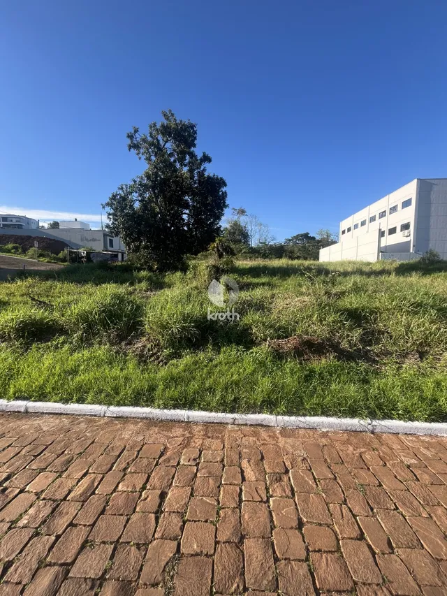 Vista externa da propriedade com grama alta e um muro de tijolos na frente.
