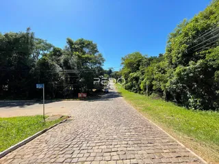 Uma estrada de paralelepípedos leva a uma área arborizada com gramados.