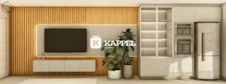 Sala de estar com painel de madeira e televisão montada na parede.