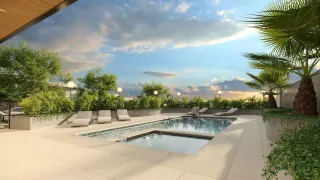Foto de uma piscina externa com espreguiçadeiras e paisagismo exuberante.