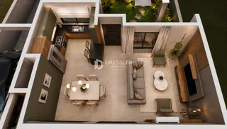 Renderização de um ambiente interno moderno com sala de jantar e cozinha.