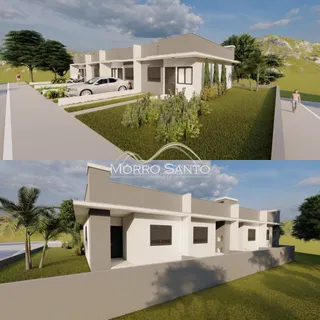 Fachada de uma casa moderna com paisagismo verde em Lajeado, Brasil.