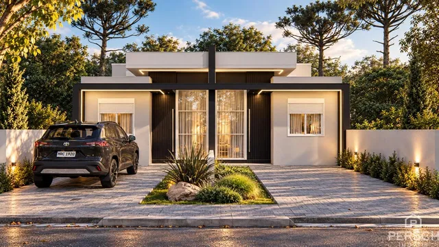 A fachada moderna da residência em Lajeado, Brasil, com paisagismo frontal.