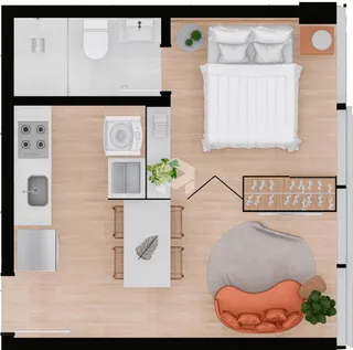 Planta baixa de um apartamento mostrando a disposição dos cômodos da sala, cozinha, quarto e banheiro.