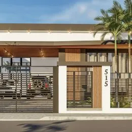 Fachada moderna de um imóvel residencial em Lajeado, Brasil, com detalhes em madeira e grandes painéis de vidro.