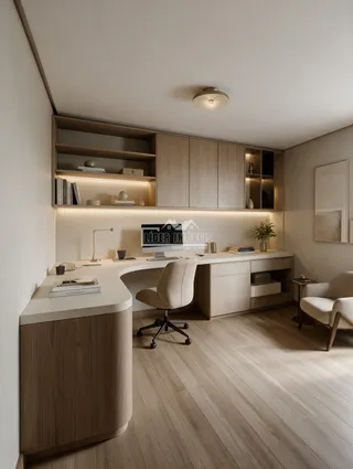 Ambiente interno moderno com estantes e armários em madeira clara.