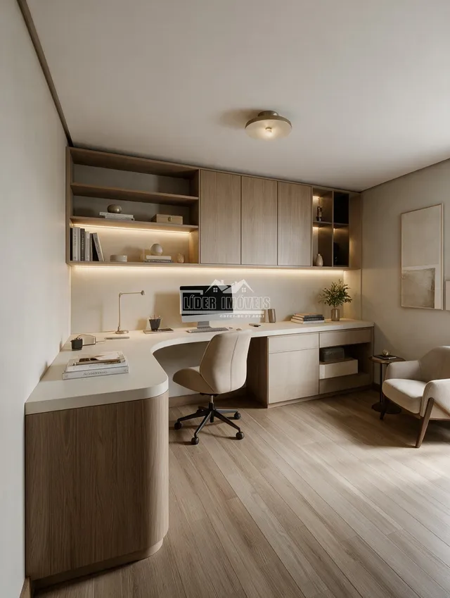 Ambiente interno moderno com estantes e armários em madeira clara.