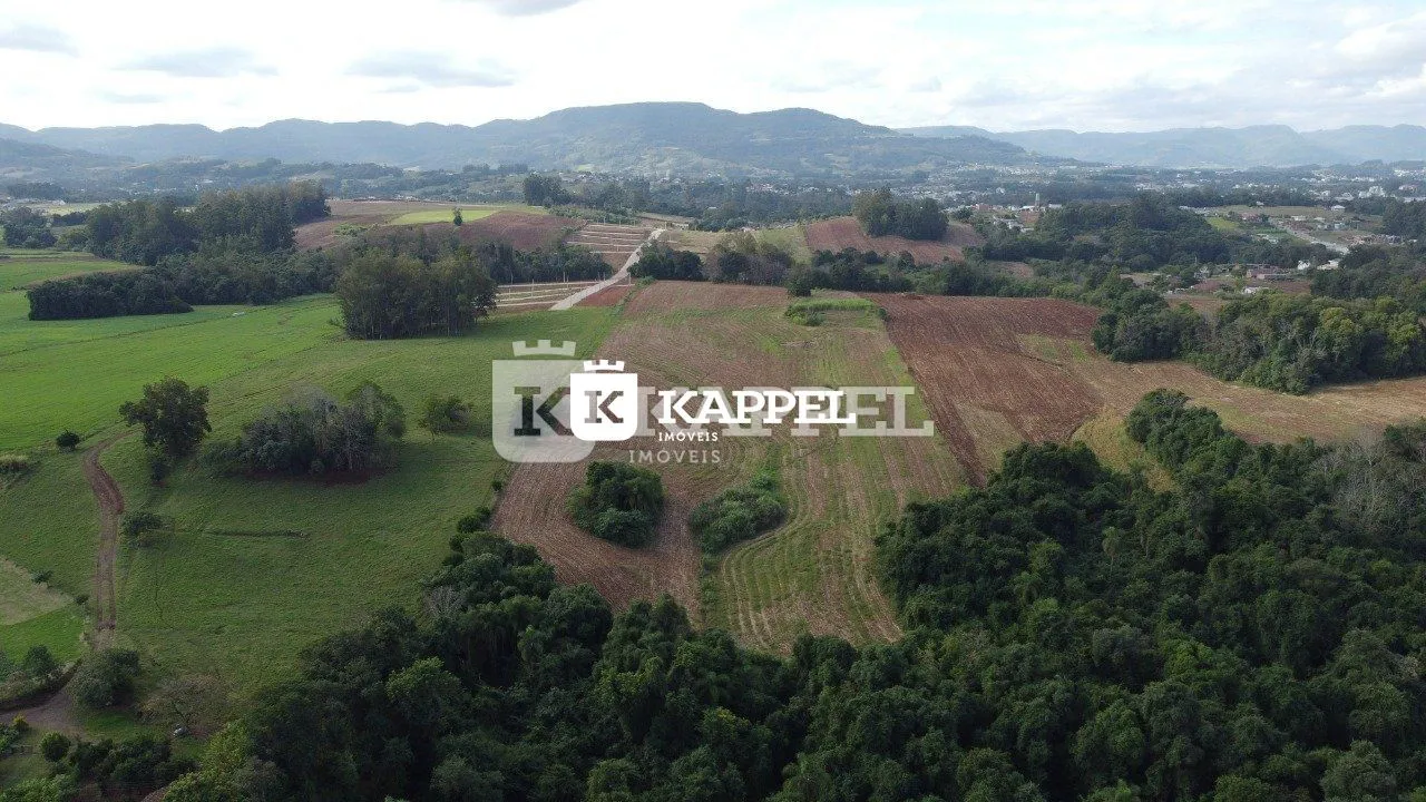 Vista aérea de uma paisagem rural com campos e vegetação.