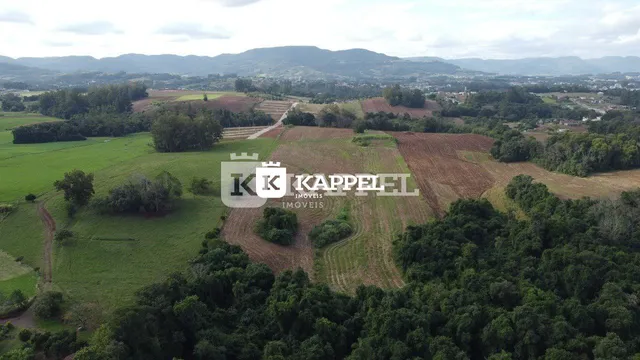 Vista aérea de uma paisagem rural com campos e vegetação.