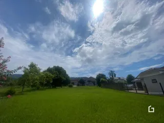 Um gramado verde se estende pela propriedade com árvores ao fundo.
