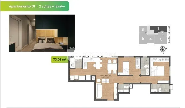 Planta baixa do apartamento 01 mostrando duas suítes e um lavabo.