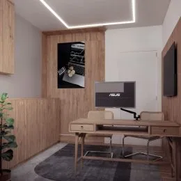 Foto de um ambiente interno com revestimento de painéis de madeira.