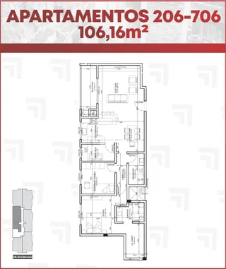 Planta baixa do apartamento de 106,16m² em Lajeado, Brasil.