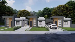 Fachada de uma residência moderna com garagem e paisagismo em Lajeado, Brasil.