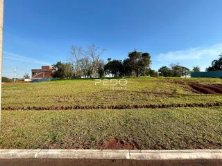 Vista de um terreno gramado com vegetação e uma construção ao fundo.